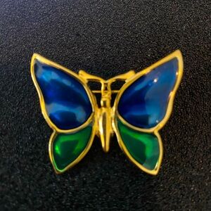 Vintage Goldtone Stamped Butterfly with Blue and Green wings Brooch by NewView